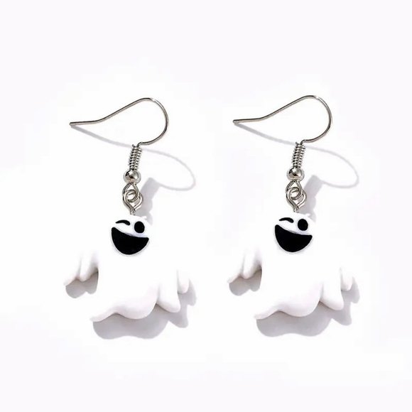 Ghost Earrings Dangle Halloween Cute Winking Party Costume Puffy Whimsical - Picture 4 of 4